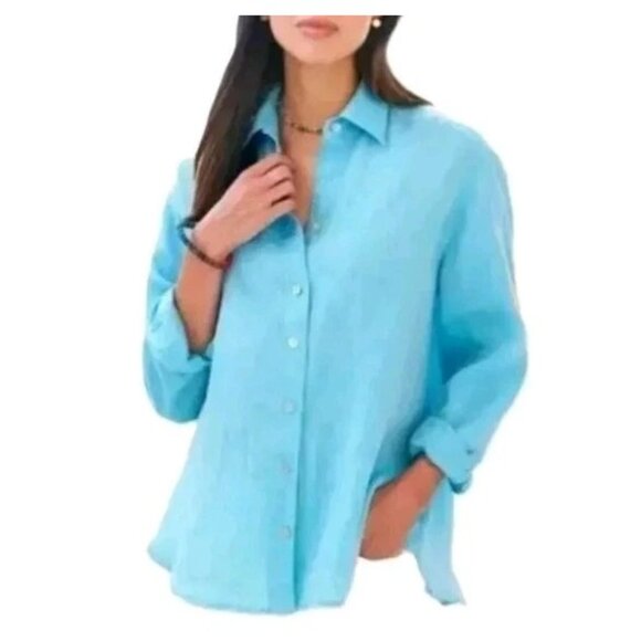 UNTUCKit Blush-Aqua Button-Up Shirt Women Size 12 Aqua Blue Linen LS Regular Fit - Picture 13 of 15